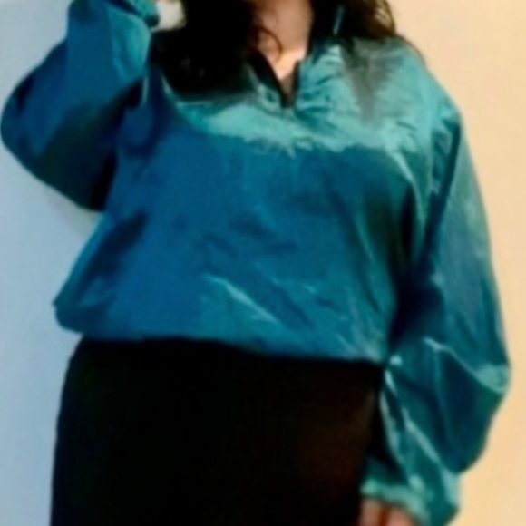 WINDBREAKER Grannycore Vintage Retro 80s Metallic Teal Quarter Zip Shine NYE - Picture 5 of 5
